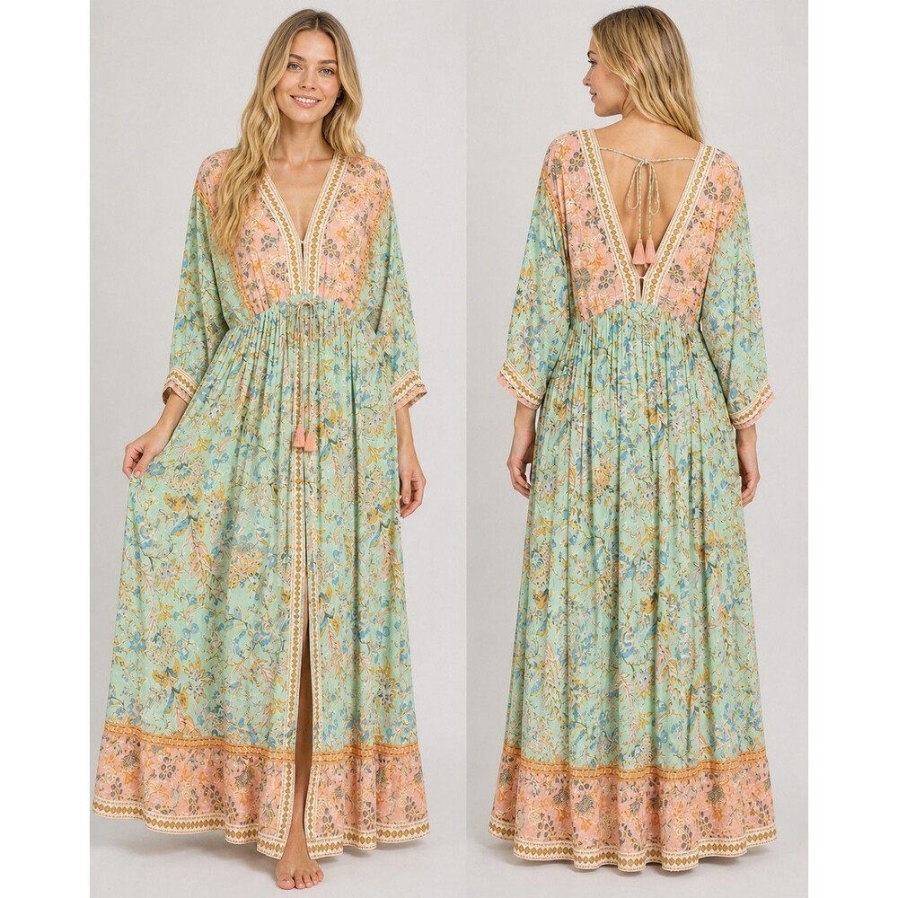 Aakaa Mint Floral Maxi Dress Boho Tassel V Neck Flowy Cottagecore Lagenlook